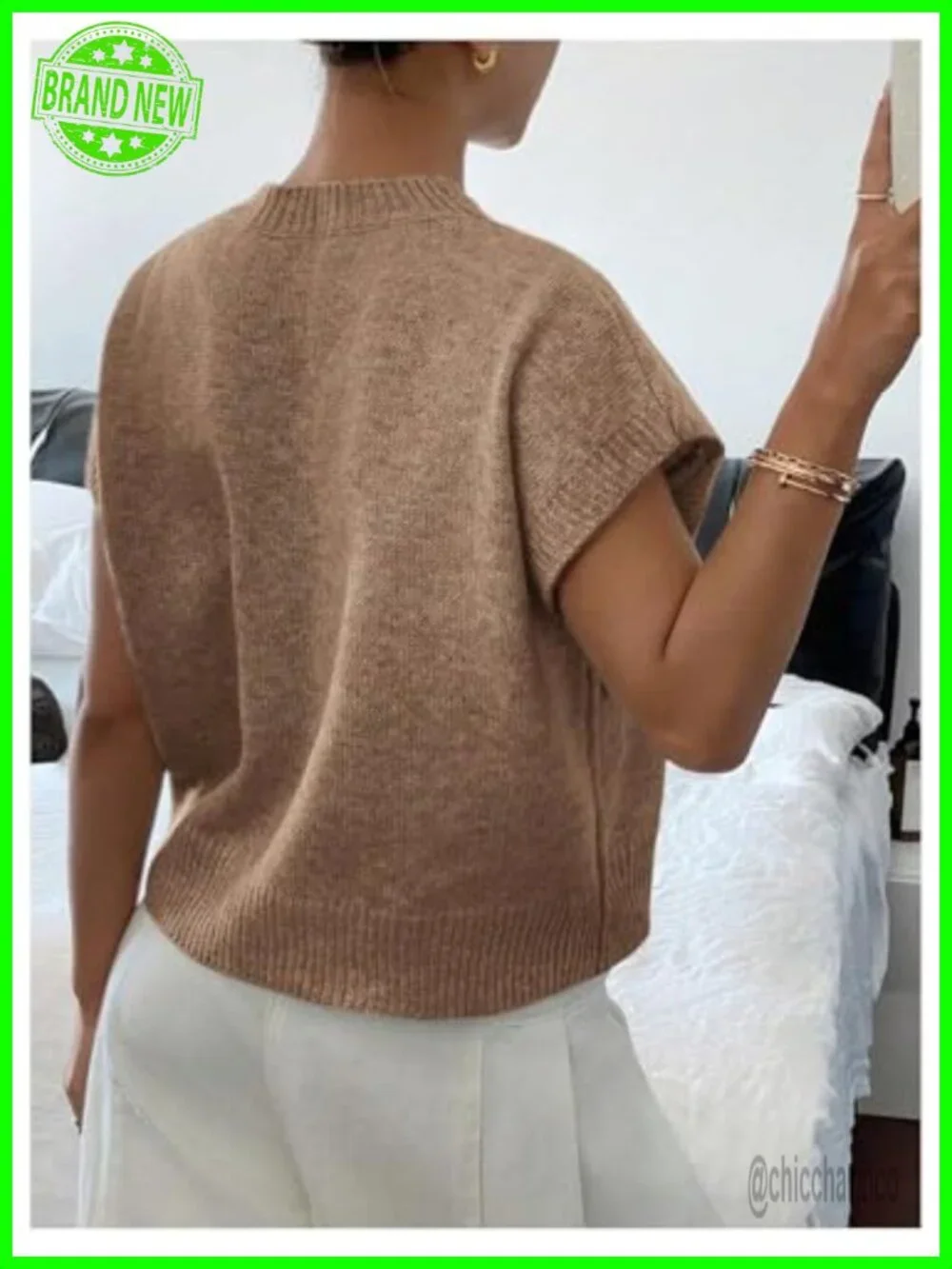 Women's Short Sleeve Sweater Vest 3D Floral Decor Knit Crewneck Top